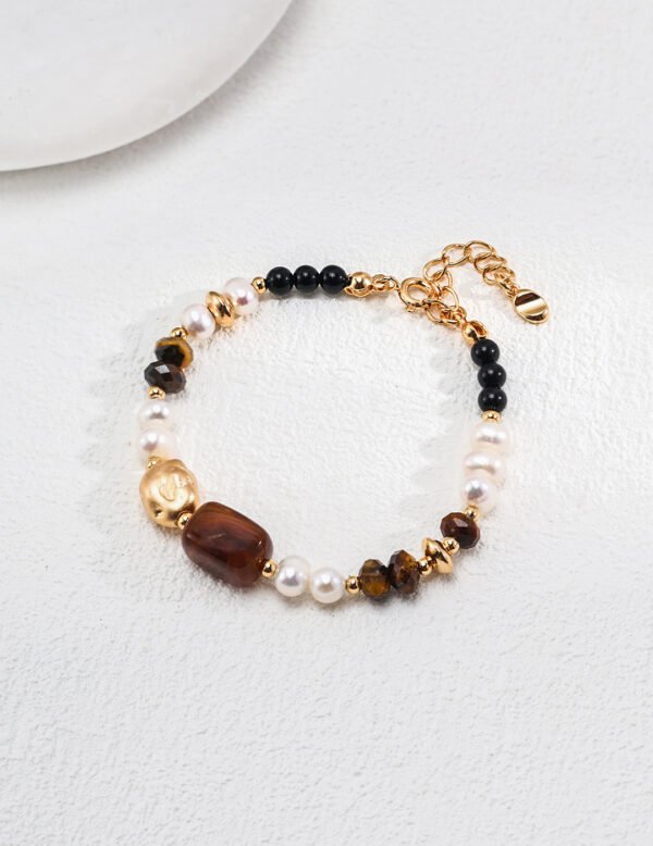 Sterling silver Pearl Natural Pearl Tiger Eye stone black agate resin bracelet