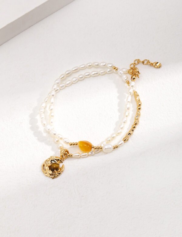 Natural tiger's eye stone sterling silver pearl necklace, summer tropical rain forest wind